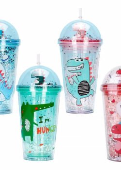 Botella Agua Dinosaurios Con Popote 450ml