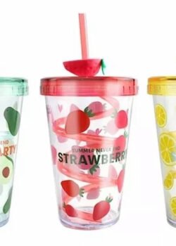 Vaso para Bebidas Acrílico con Estampado y Popote de Espiral -