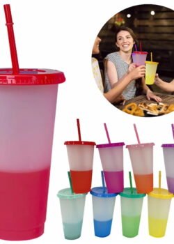 Vasos de Plástico Reutilizables de 24 OZ con Cambio de Color – Sin BPA, con Tapas y Popotes