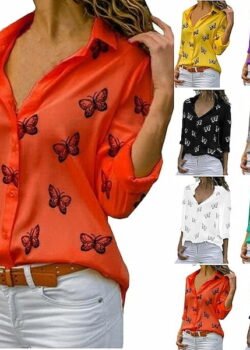 Camisa Estampada de Mariposas: Camisa Casual de Manga Larga con Cuello Vuelto y Botones